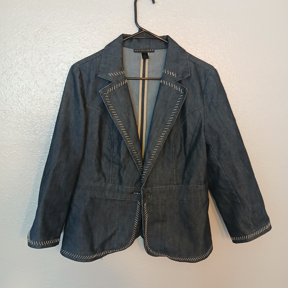 Apostrophe Blue Denim Blazer with White Stitching